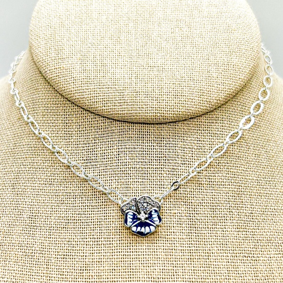 NWOT Sterling Silver, blue pansy necklace 16"to  18" Long. - Picture 9 of 12